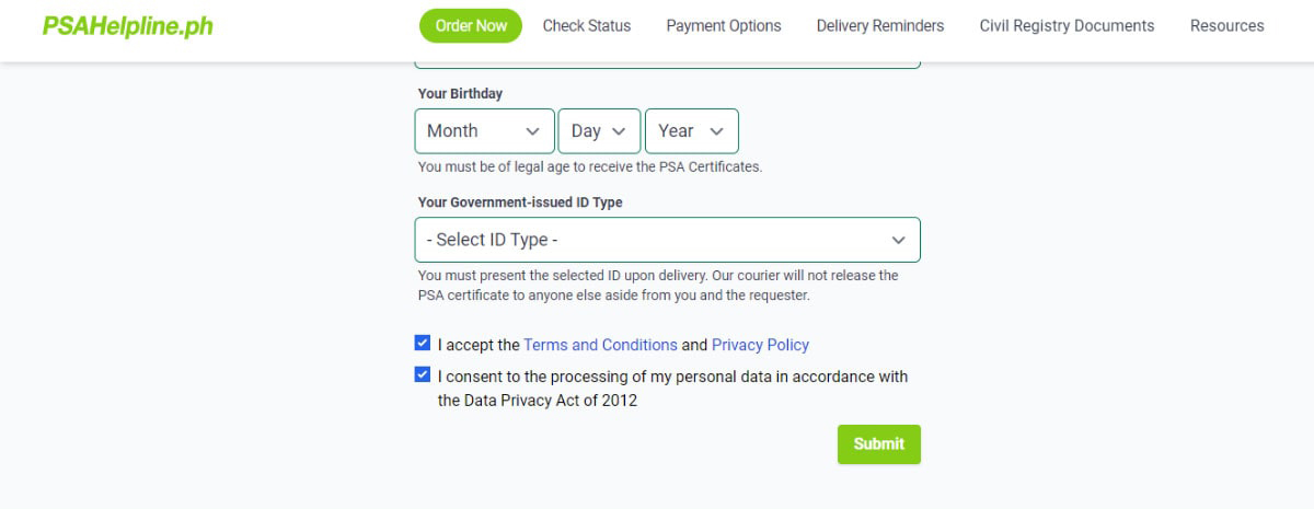 Accept terms and conditions PSAHelpline.ph